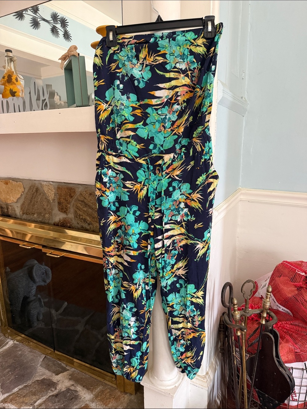 Mudd Navy Strapless Jumpsuit with Teal & Yellow Floral Print